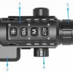EDRP2-R650R thermal rifle sight layout: objective, mount, button panel, battery compartment and eyepiece