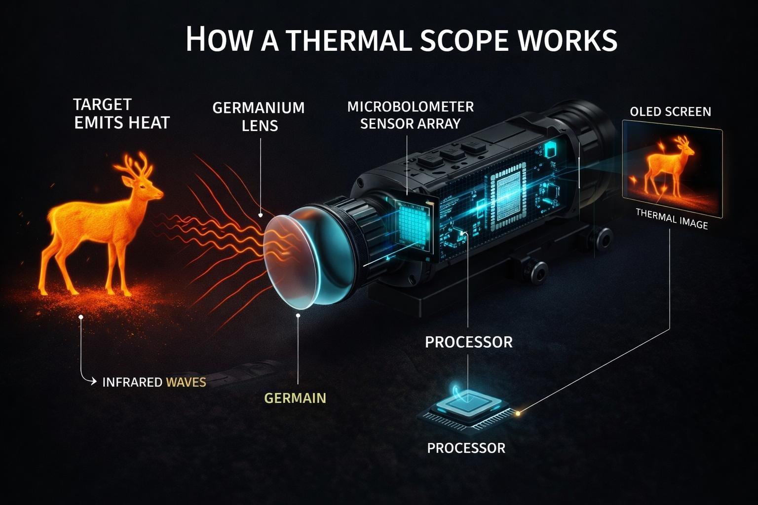 Diagram of the thermal imaging chain: germanium lens, VOx detector, processing board and display